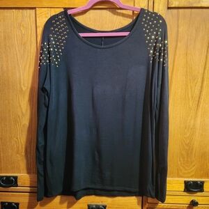Strazzi Women's Black Long Sleeve Round Neck Top with Gold Studs Size Large New